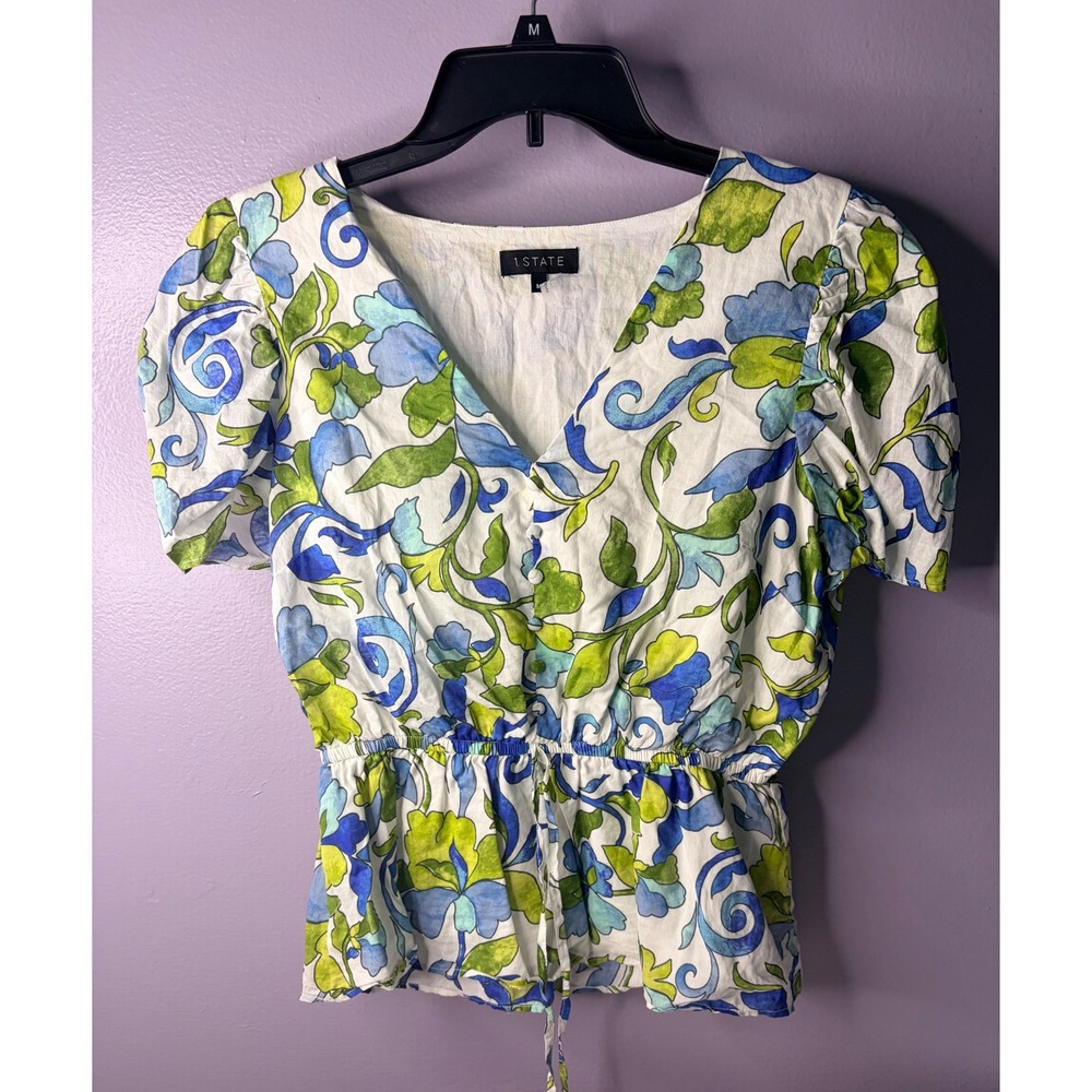 1.STATE Womens Floral‎ Puff Sleeve Peplum Blouse Blue Green Cotton V-Neck Size M - Picture 2 of 7